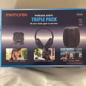 Memorex Wireless Audio Set with Earbuds, Headphones, and Speaker